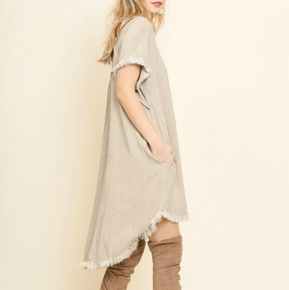 Umgee Oatmeal High Low Linen Dress with Fringe Hem - Picture 8 of 13